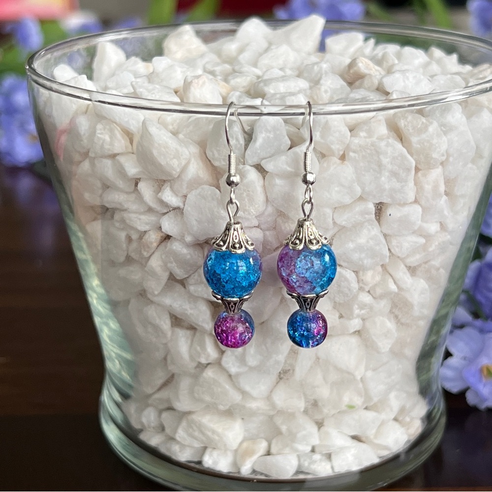 Purple Blue Crackle Glass Dangle Drop Earrings Handmade